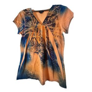 Twenty X 20X Women's Vneck Top Distressed Burnout Orange Multicolor Y2K Babydoll